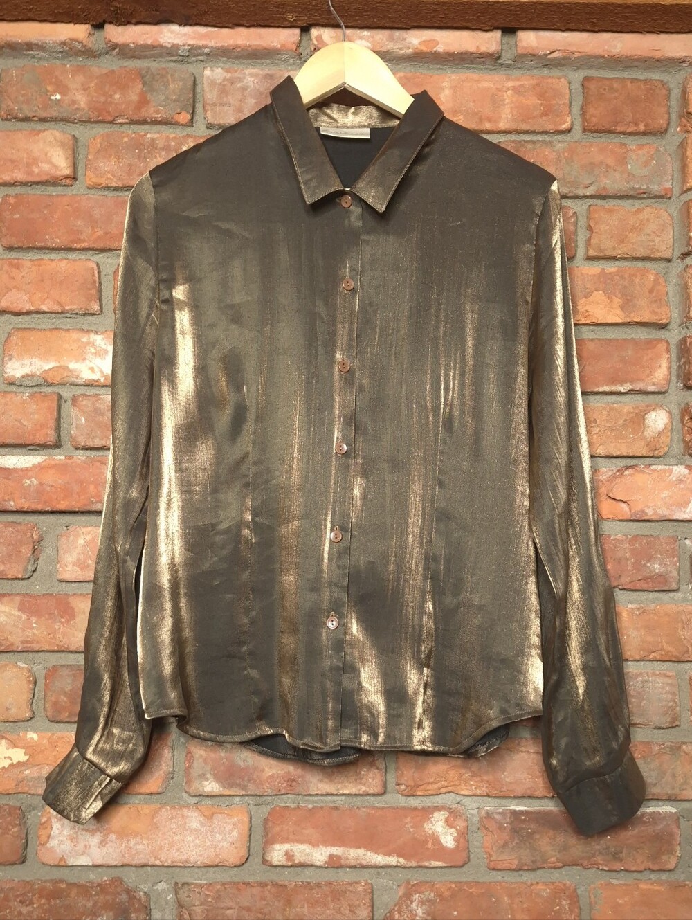 🇨🇦 Vintage Gloria Vanderbilt Metallic Bronze Gold Rayon Button Down Blouse